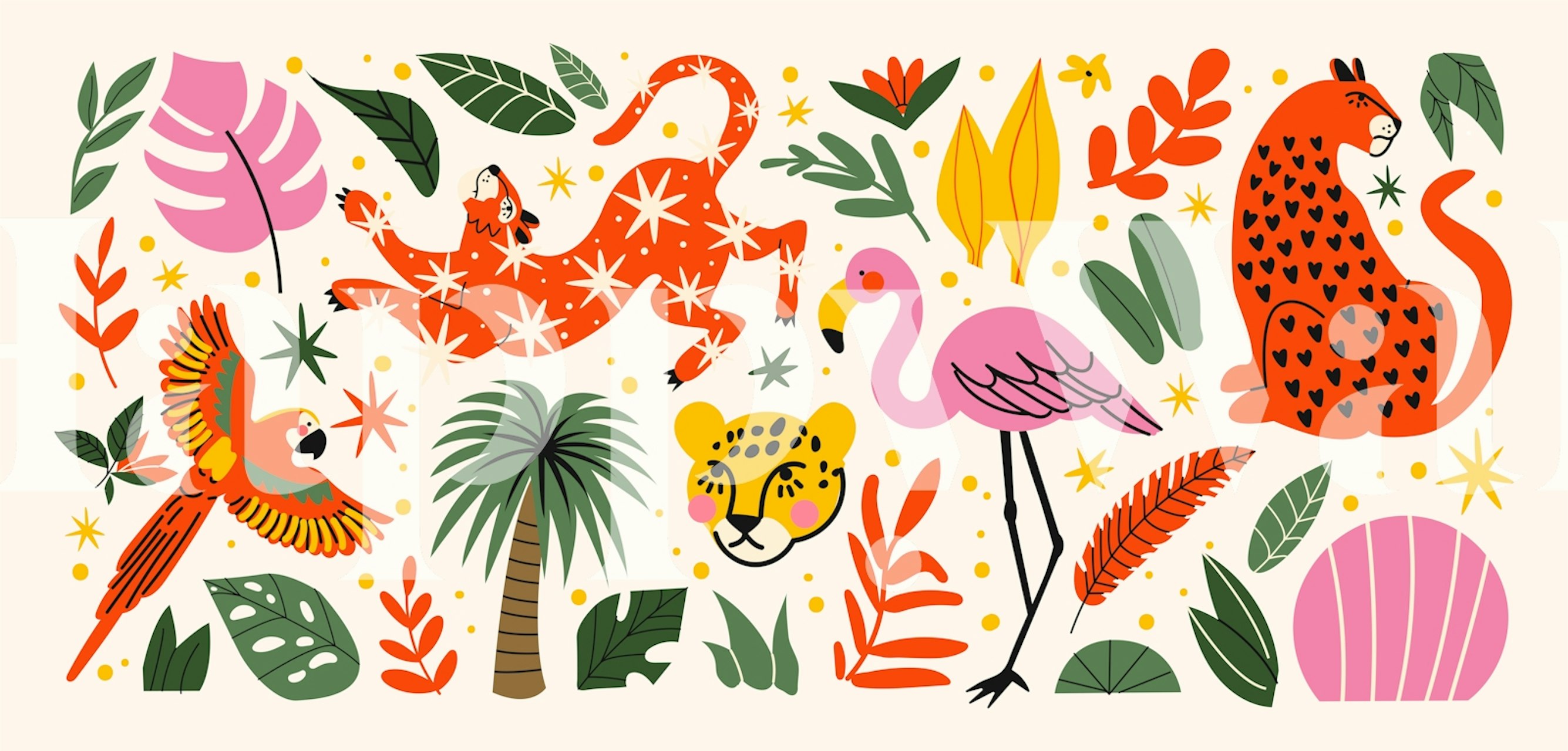 Colorful jungle animals and tropical leaves wallpaper