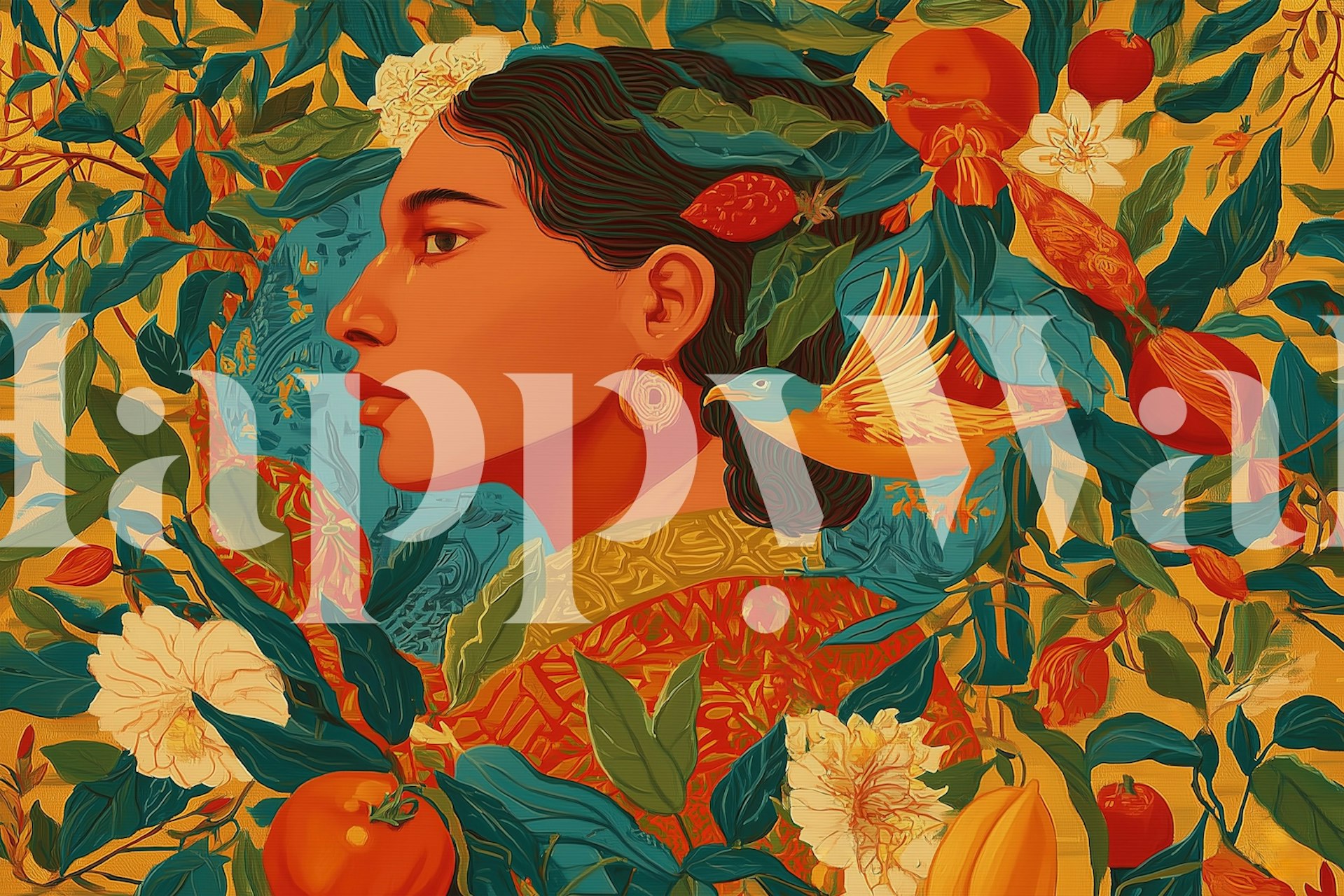 Vibrant floral and tribal pattern wallpaper with warm colors