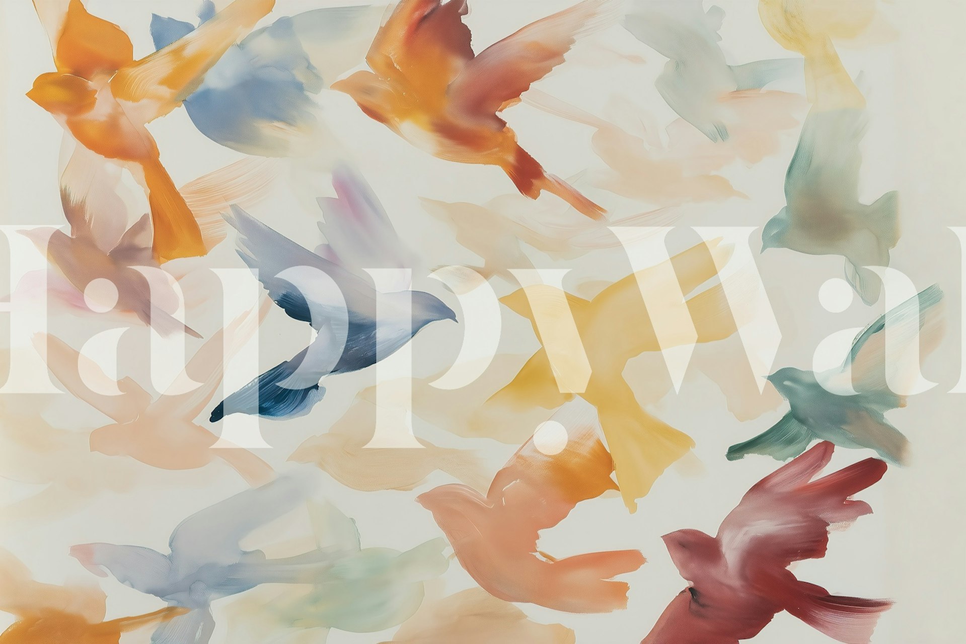 Colorful bird silhouettes in various pastel hues, watercolor style wallpaper