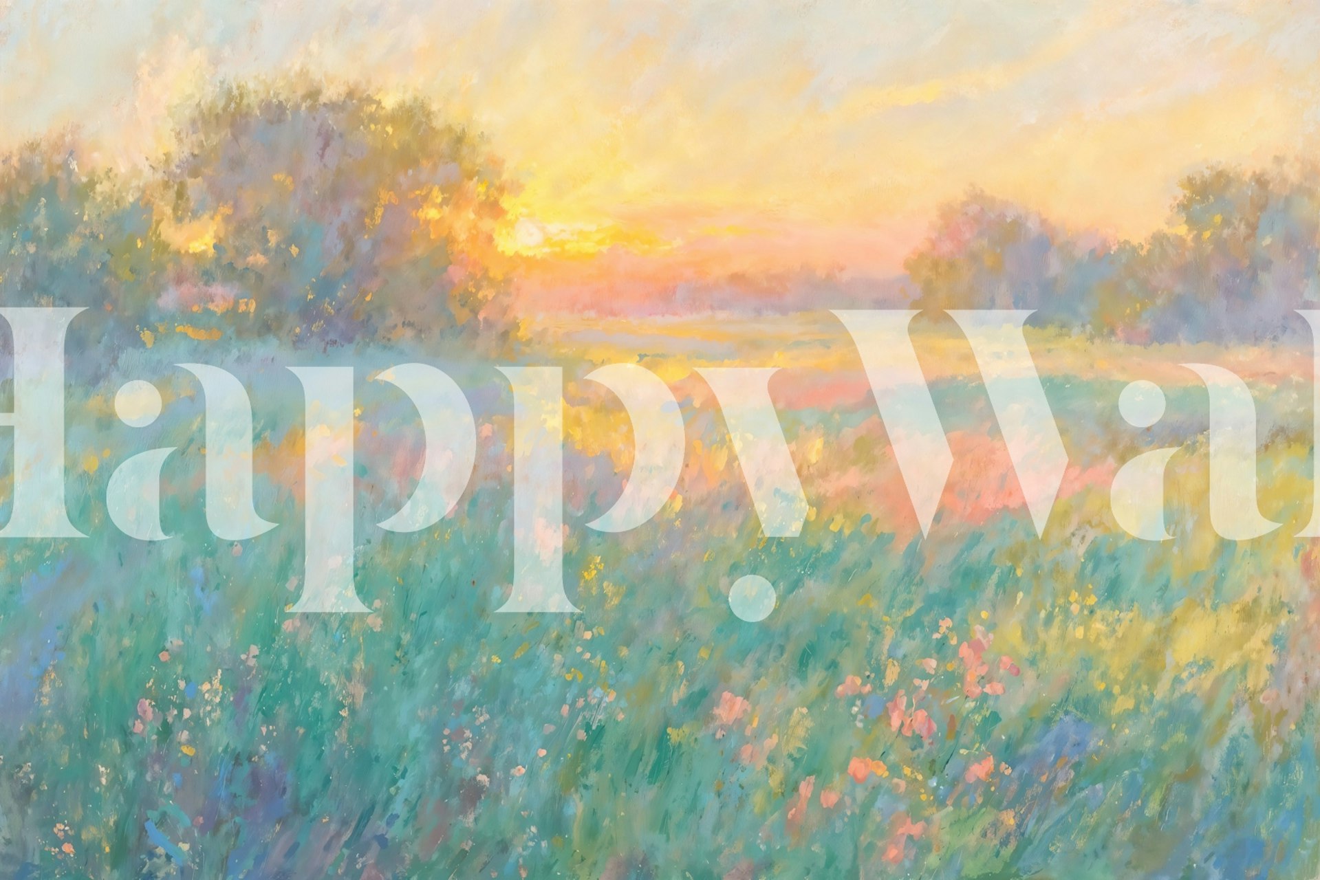 Sunlit meadow wallpaper in a room