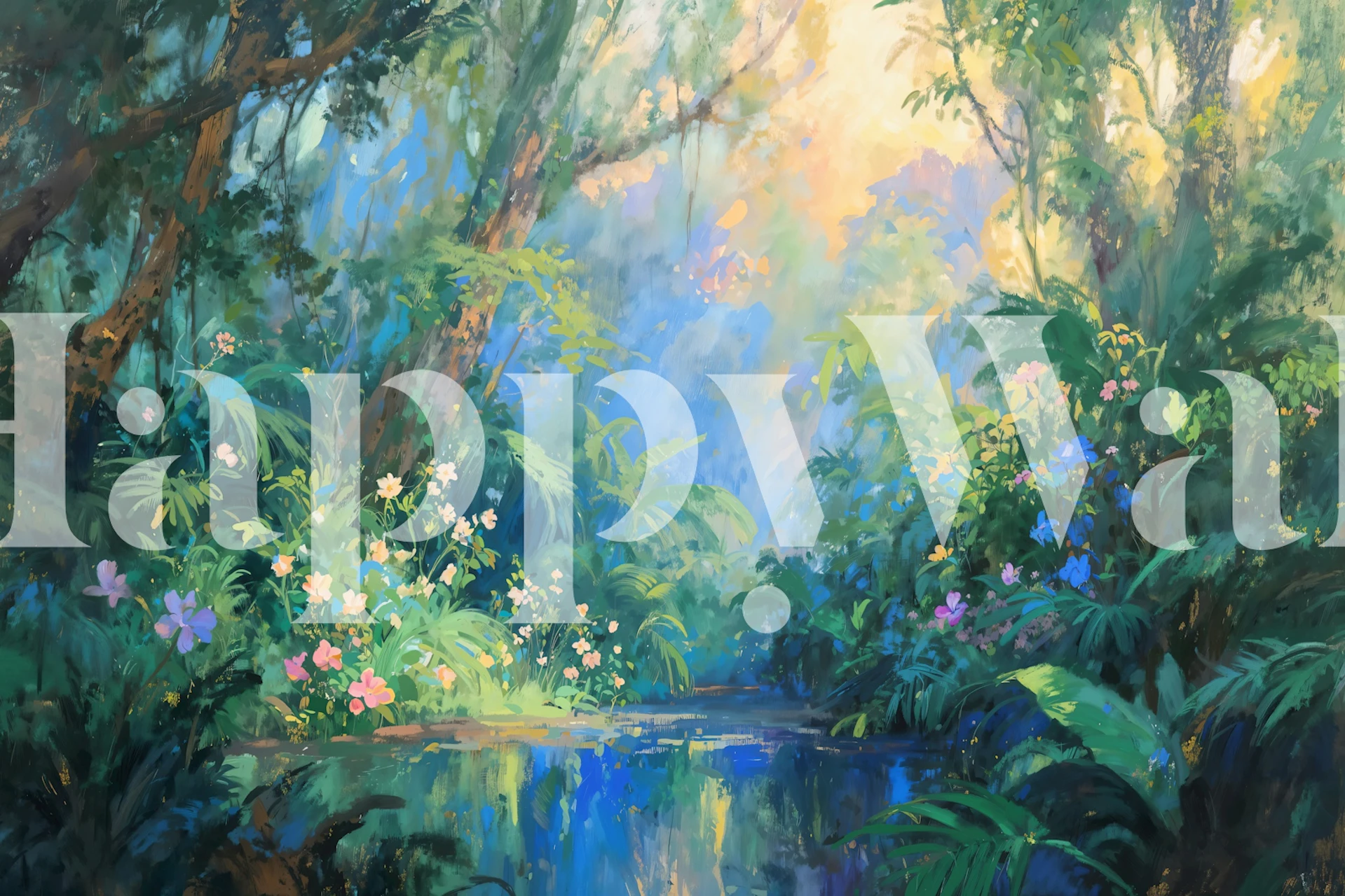 Tropical floral design with blue hues and colorful flowers wallpaper