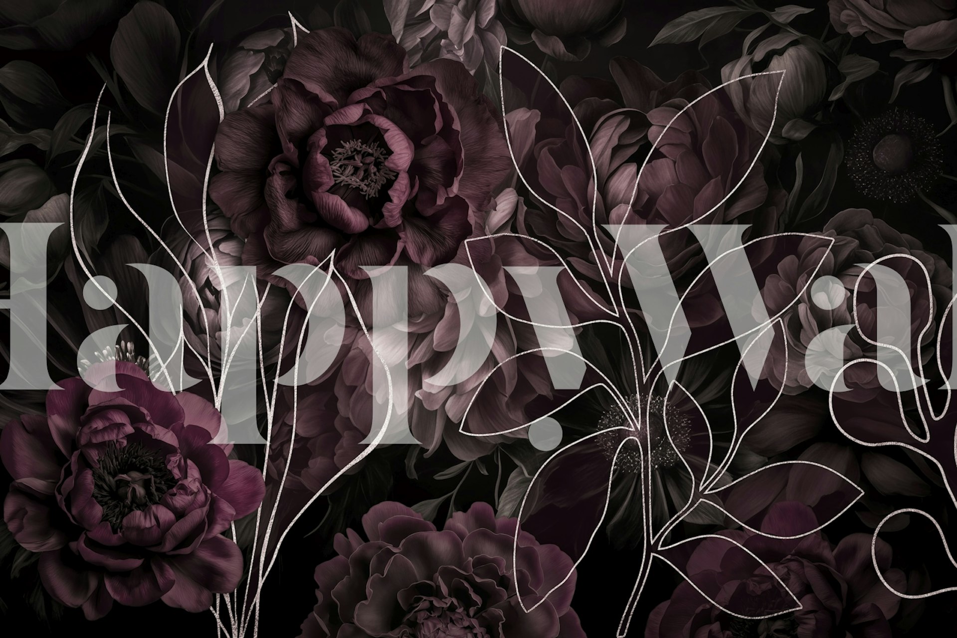 Mauve floral wallpaper with white outlines of flowers and leaves