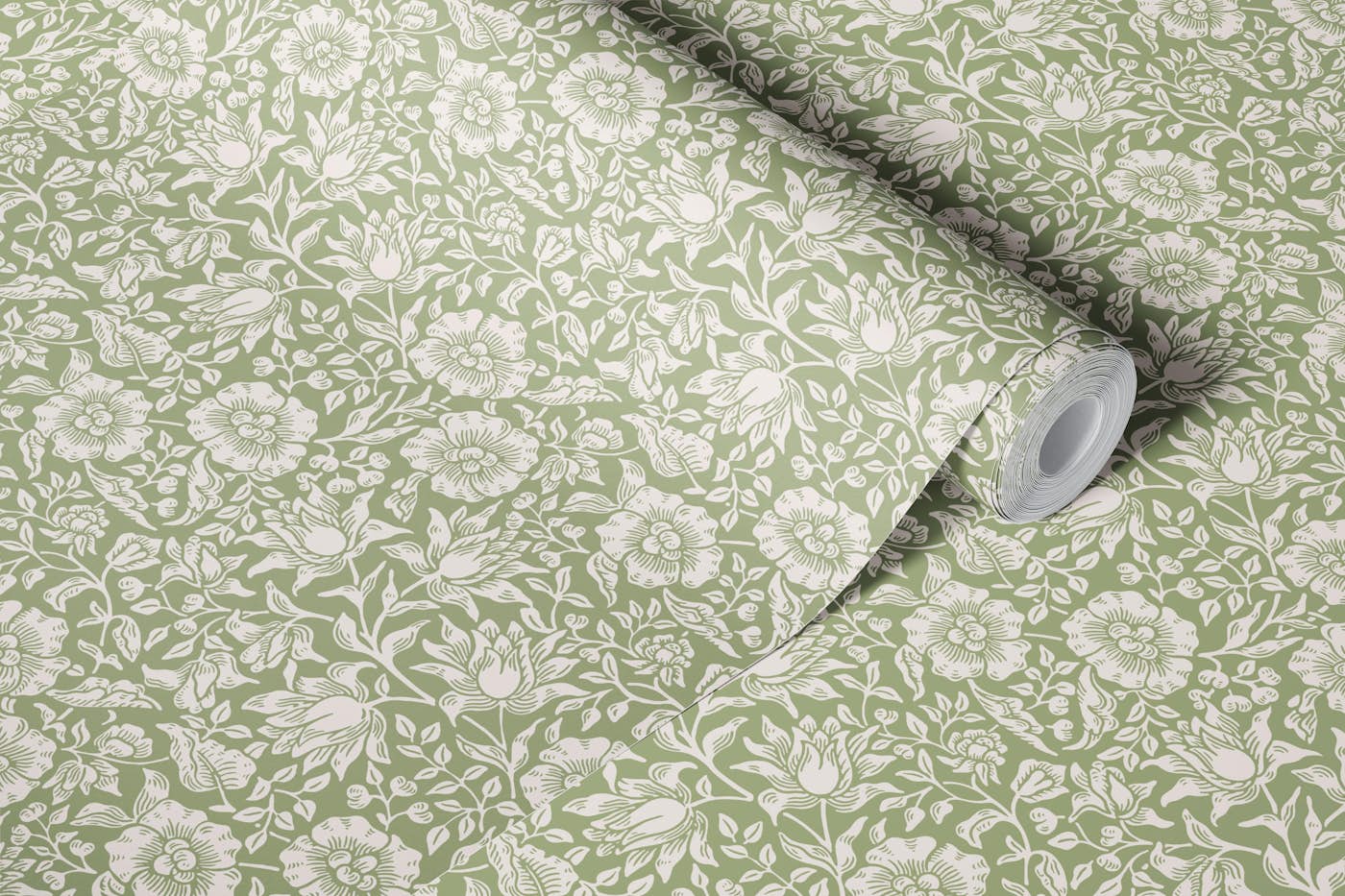 Mallow in Original Green - Arts and Crafts wallpaper roll