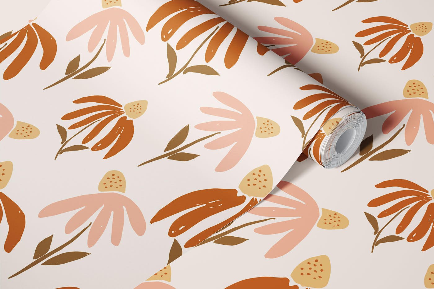 Cute earthy daisies on cream wallpaper roll