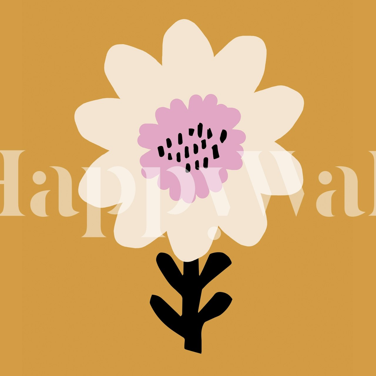 Flower design in pink, white, and black on orange background wallpaper