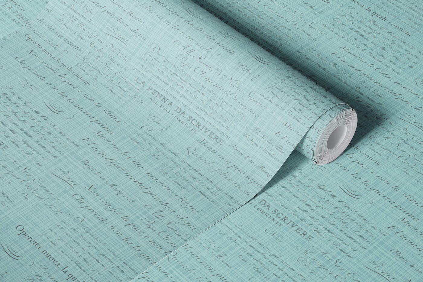 Vintage Italian Scripts Pattern in pale aqua wallpaper roll