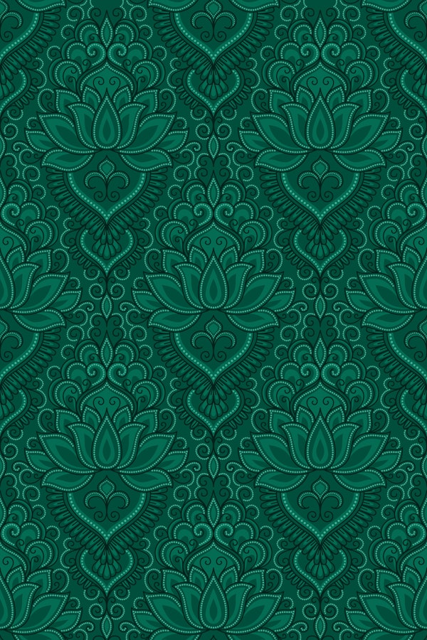 Ornate Lotus Flowers Emerald Green