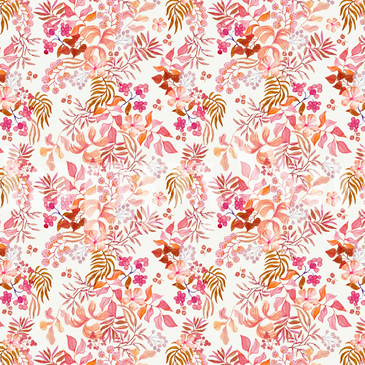 Tropical floral patterns in pink and peach on white wallpaper