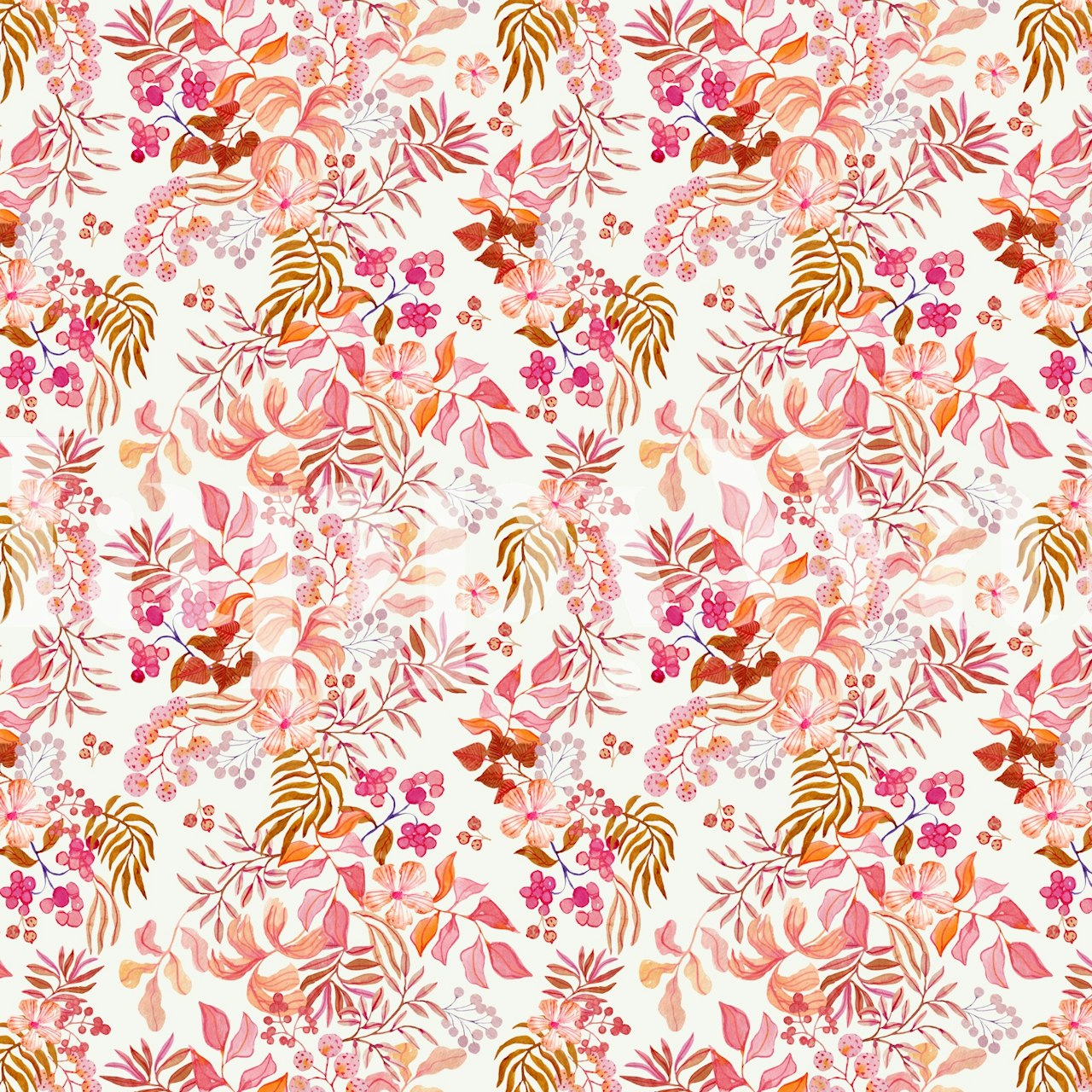 Tropical floral patterns in pink and peach on white wallpaper