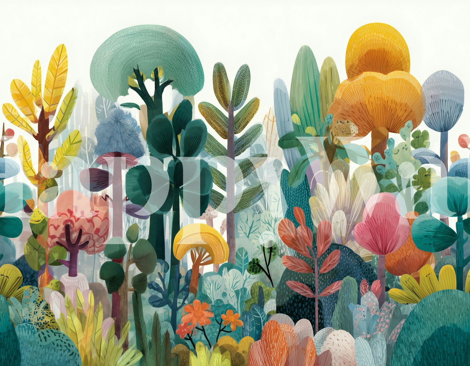 Colorful forest scene with various plants and trees wallpaper