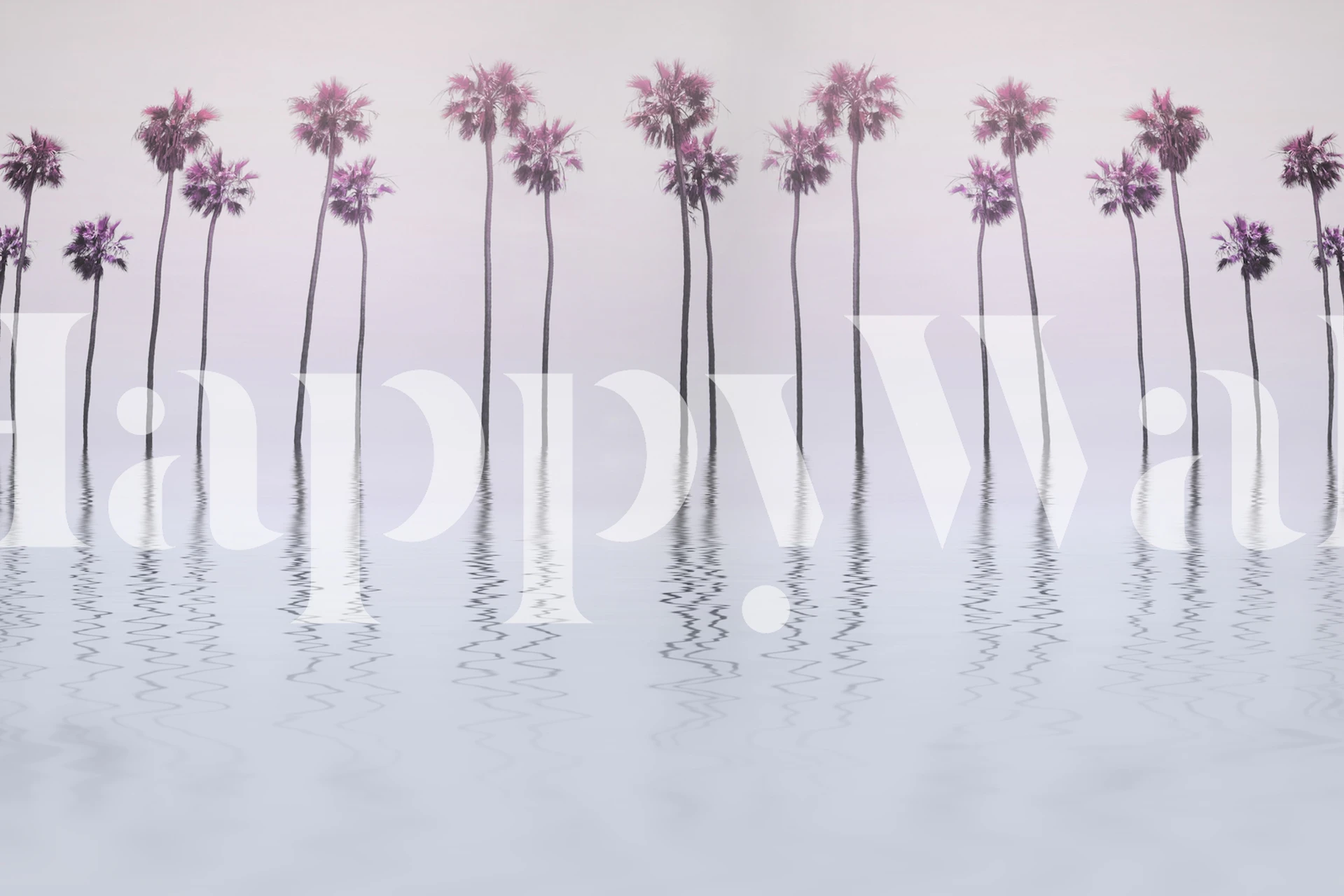 Pink palm trees reflected in water, soft pastel hues wallpaper