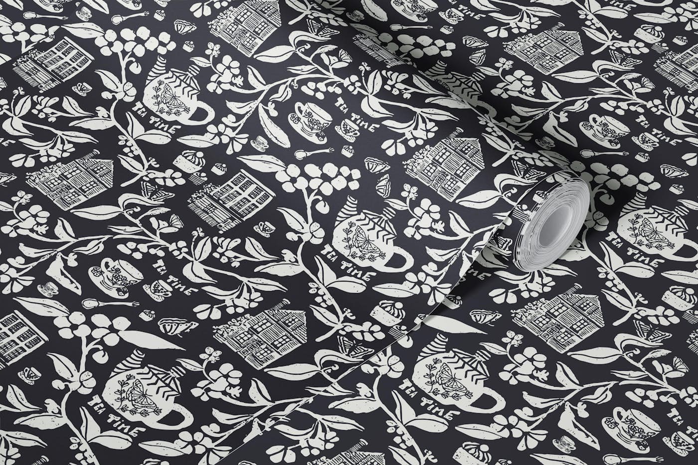 Dark Blue Teacup & Country Home wallpaper roll