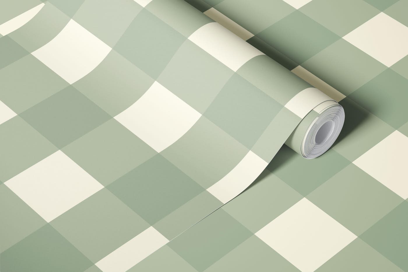 Warm sage green and cream gingham check wallpaper roll