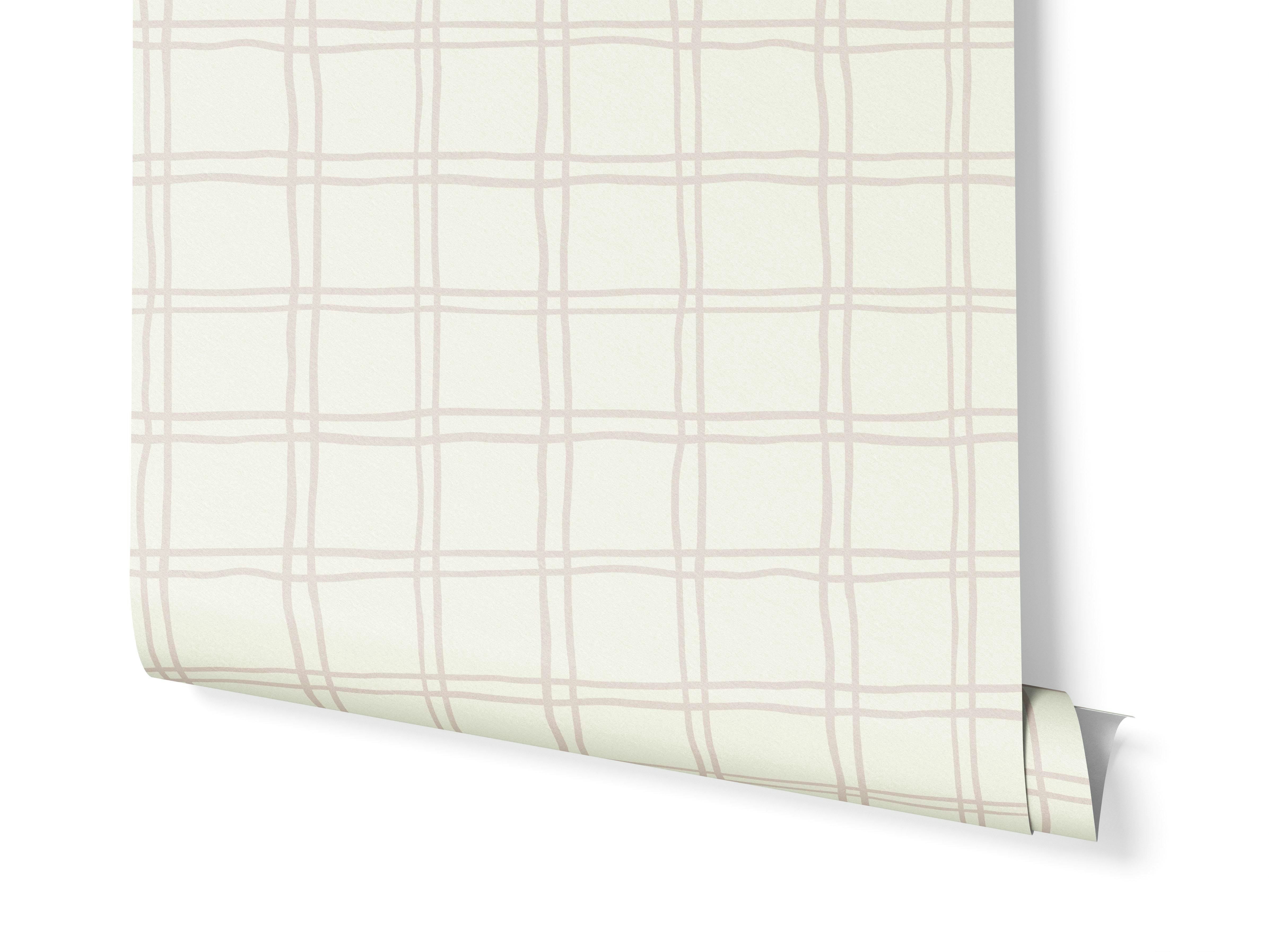 Soft beige & warm white hand drawn check wallpaper roll