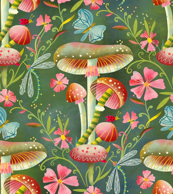 Floral Mushroom forest with bugs