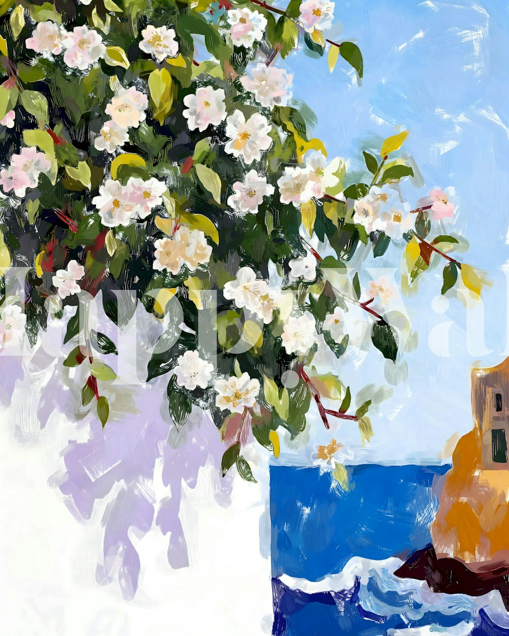 Floral coastal wallpaper design with soft white flowers and blue sea backdrop