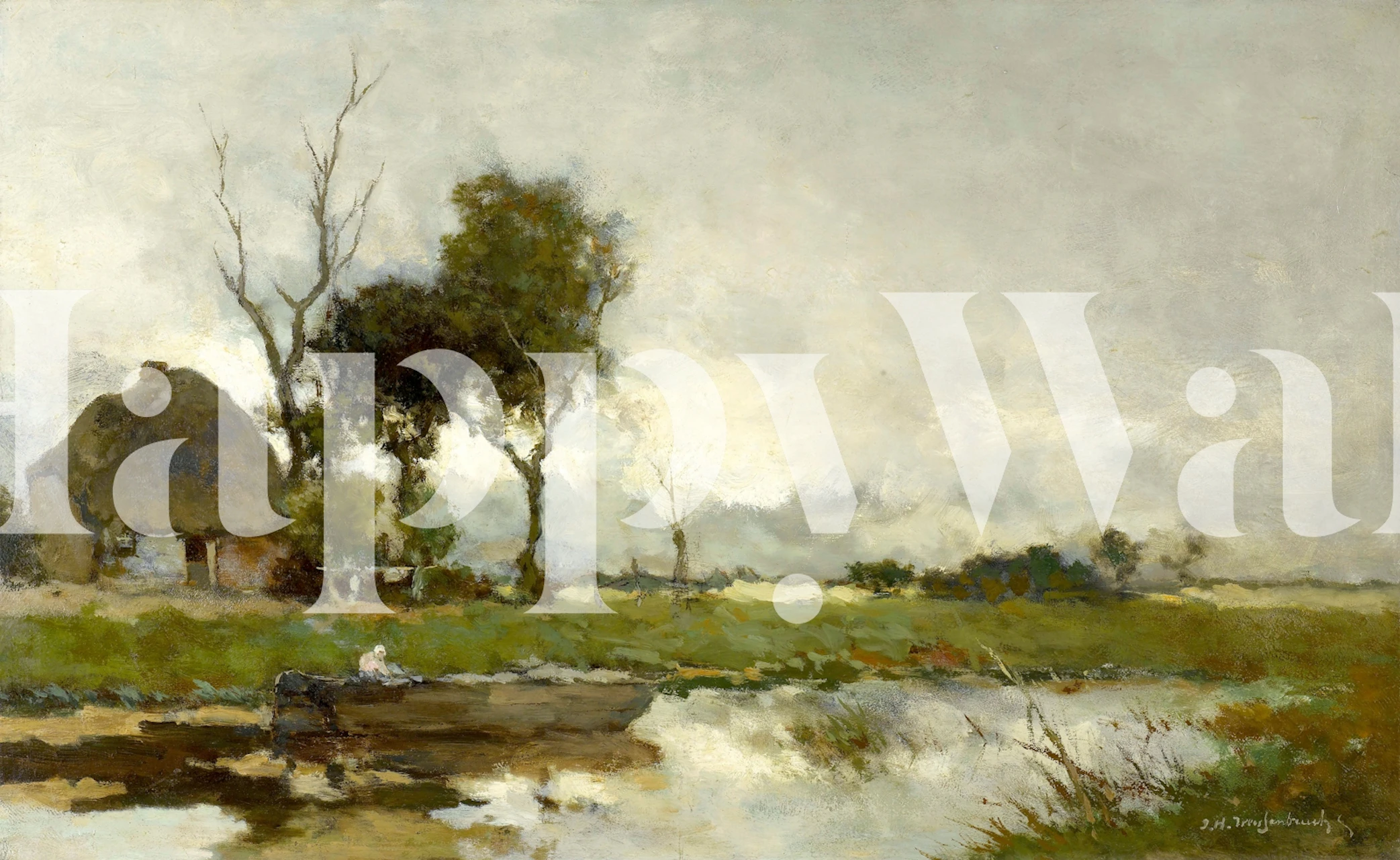 Country river landscape scene with trees and a boat in soft earth tones wallpaper.