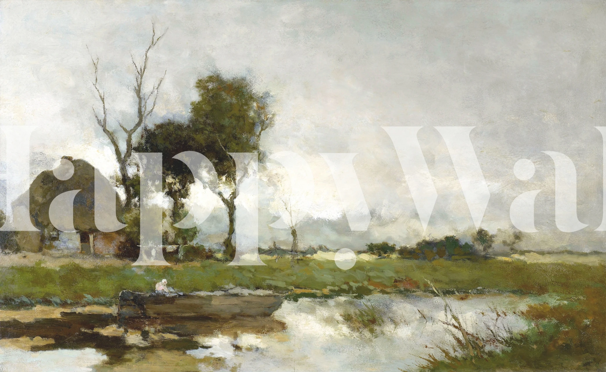 Country river landscape scene with trees and a boat in soft earth tones wallpaper.