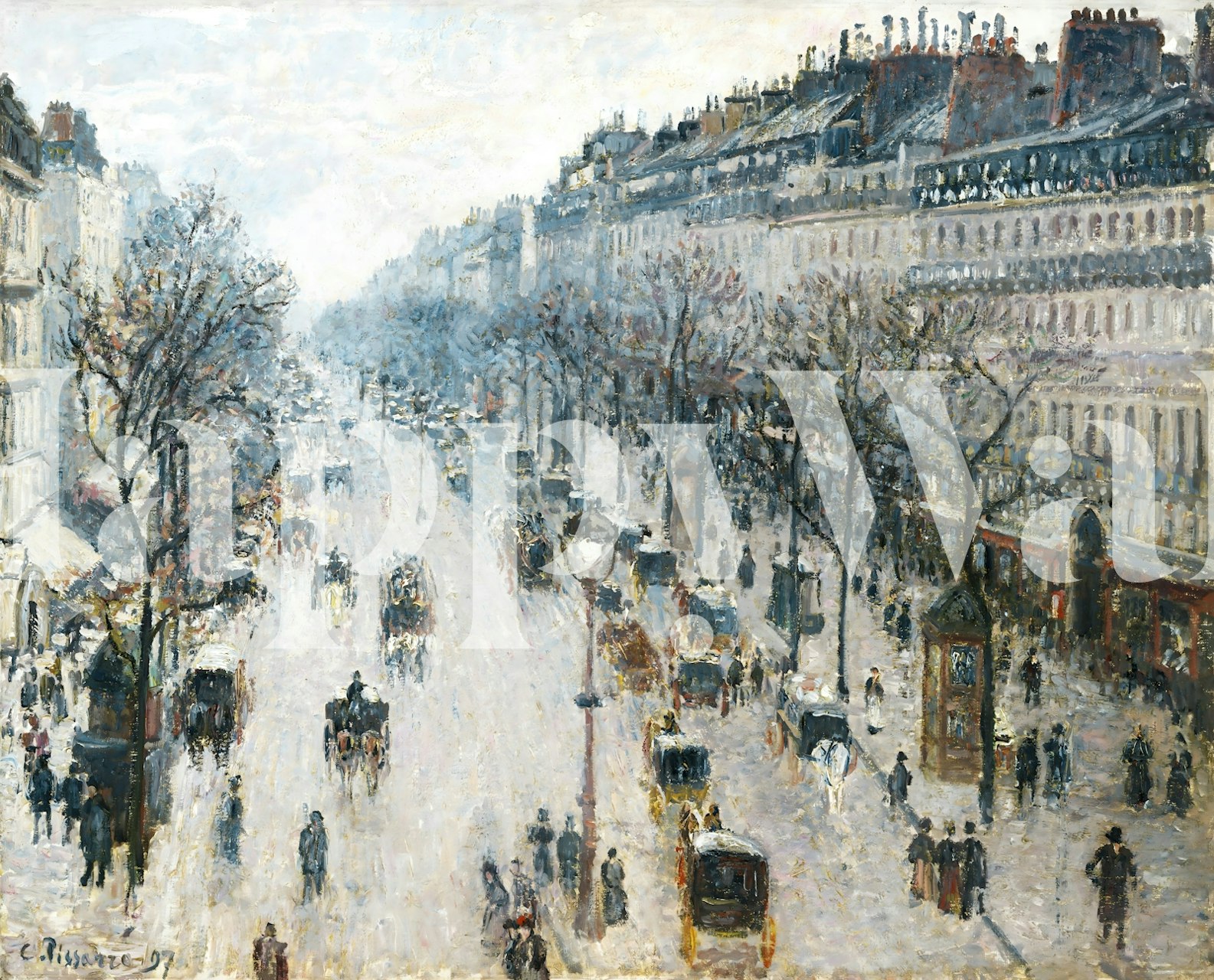 Vintage street scene wallpaper featuring muted colors and historic architecture.