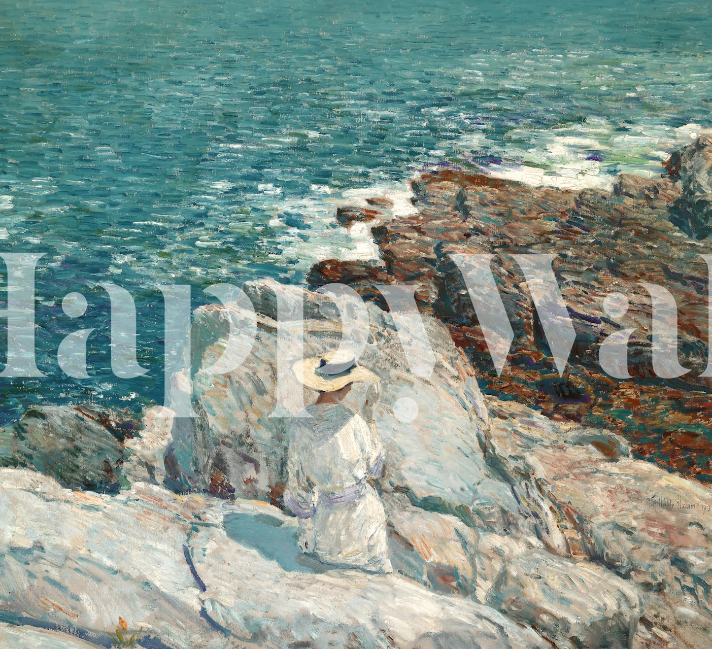 Seaside landscape with a woman in a white dress and sun hat, blue ocean and rocky cliffs wallpaper