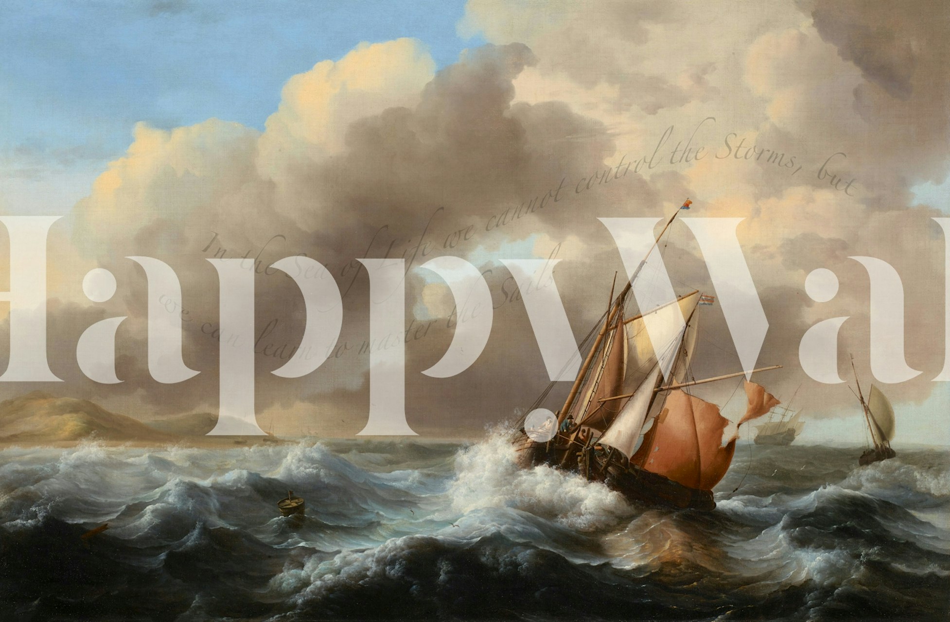 Nautical scene with sailing ships and turbulent ocean waves wallpaper