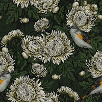 Redstarts in the chrysanthemums in green wallpaper