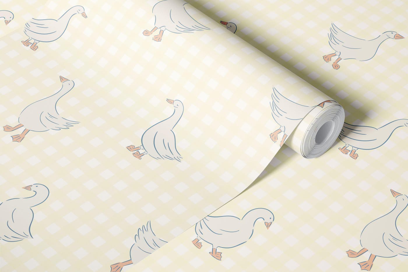 Pastel yellow unisex goose on gingham wallpaper roll