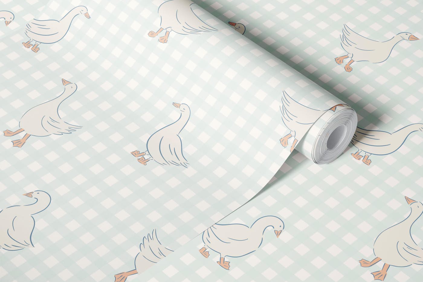 Pastel green goose on gingham wallpaper roll