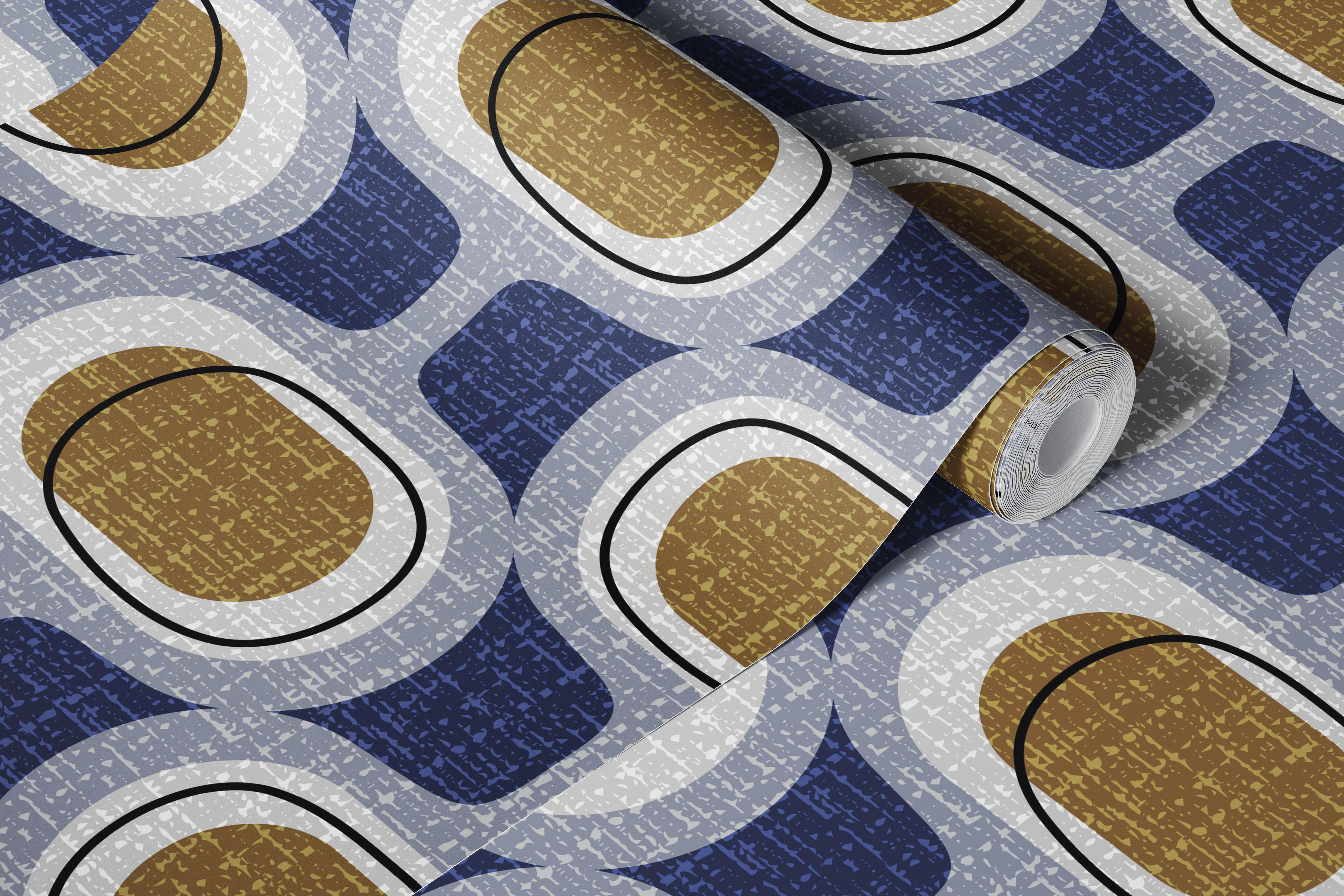 Geometric shapes in navy, brown, and gray tones mid-century style wallpaper