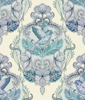 Vintage Sparrow Flight in Blue and Cream wallpaper