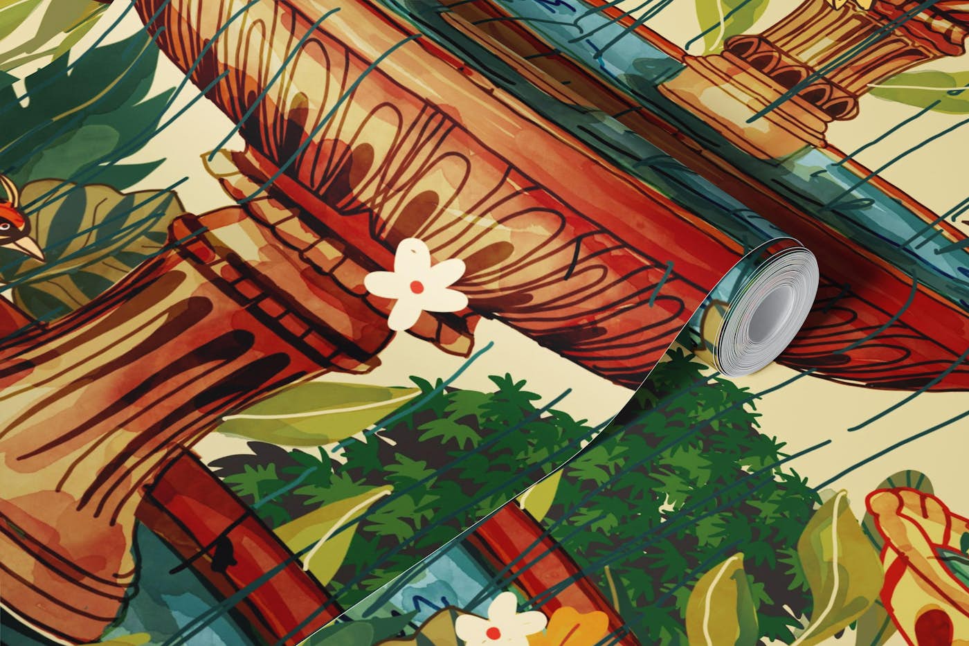 Vintage Victorian fountain garden wallpaper roll