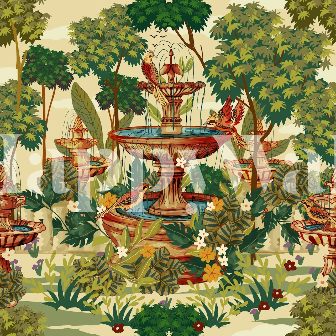 Vintage fountain surrounded by lush greenery and birds wallpaper