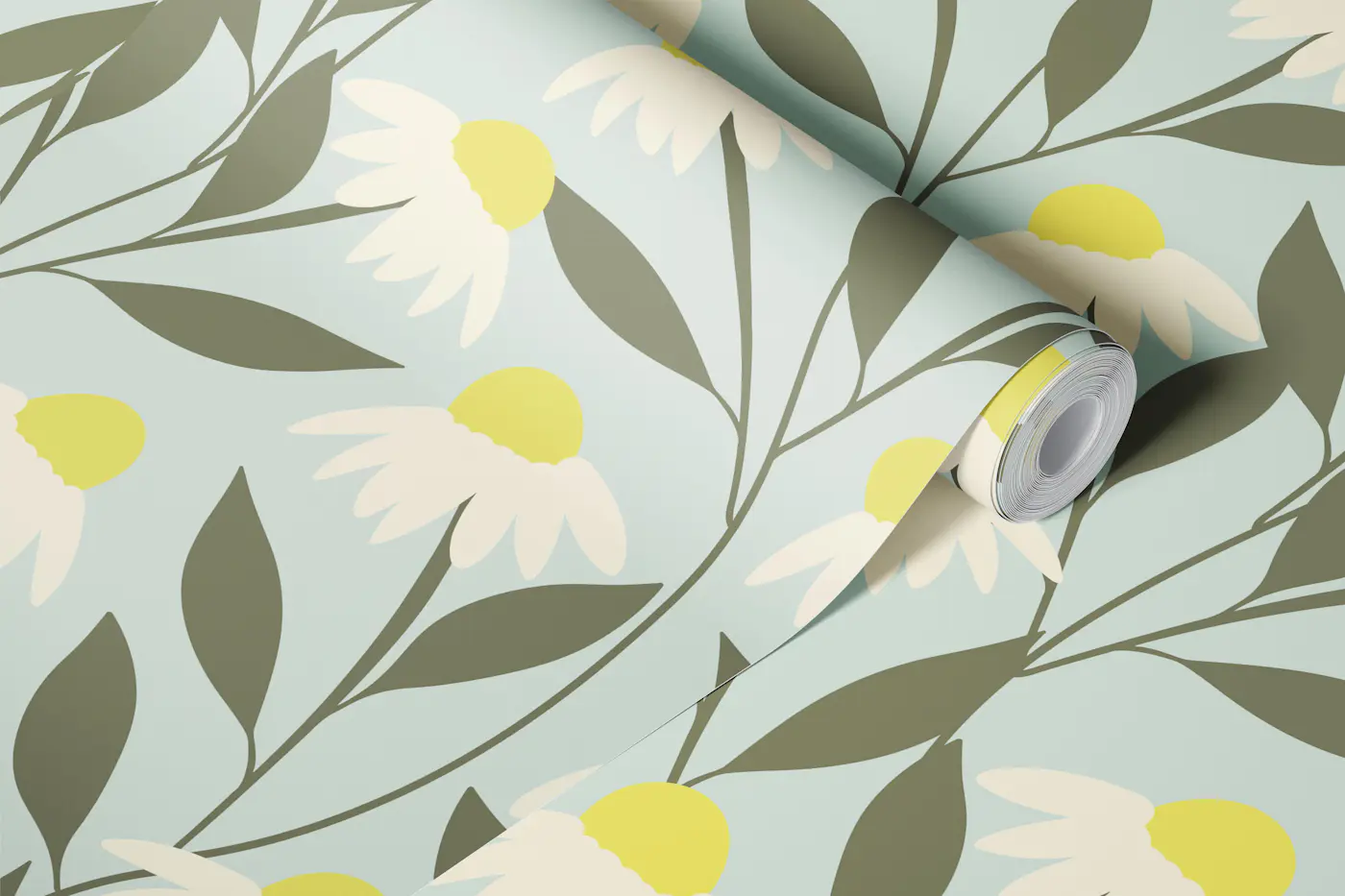 Jumbo daisies modern pastel blue sage cream wallpaper roll