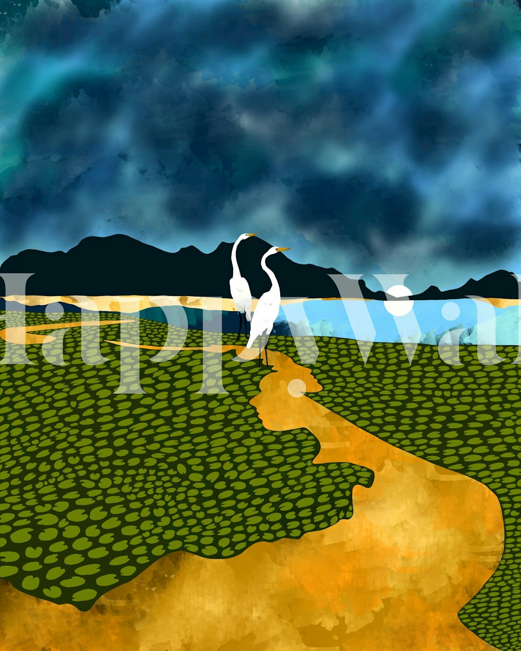 Two great egrets in a colorful tropical landscape wallpaper