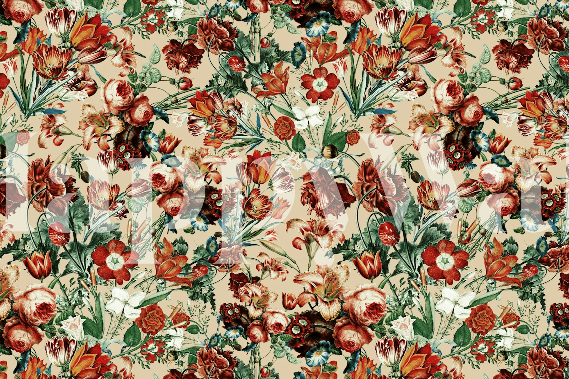 Vibrant floral wallpaper with orange and red flowers on beige background