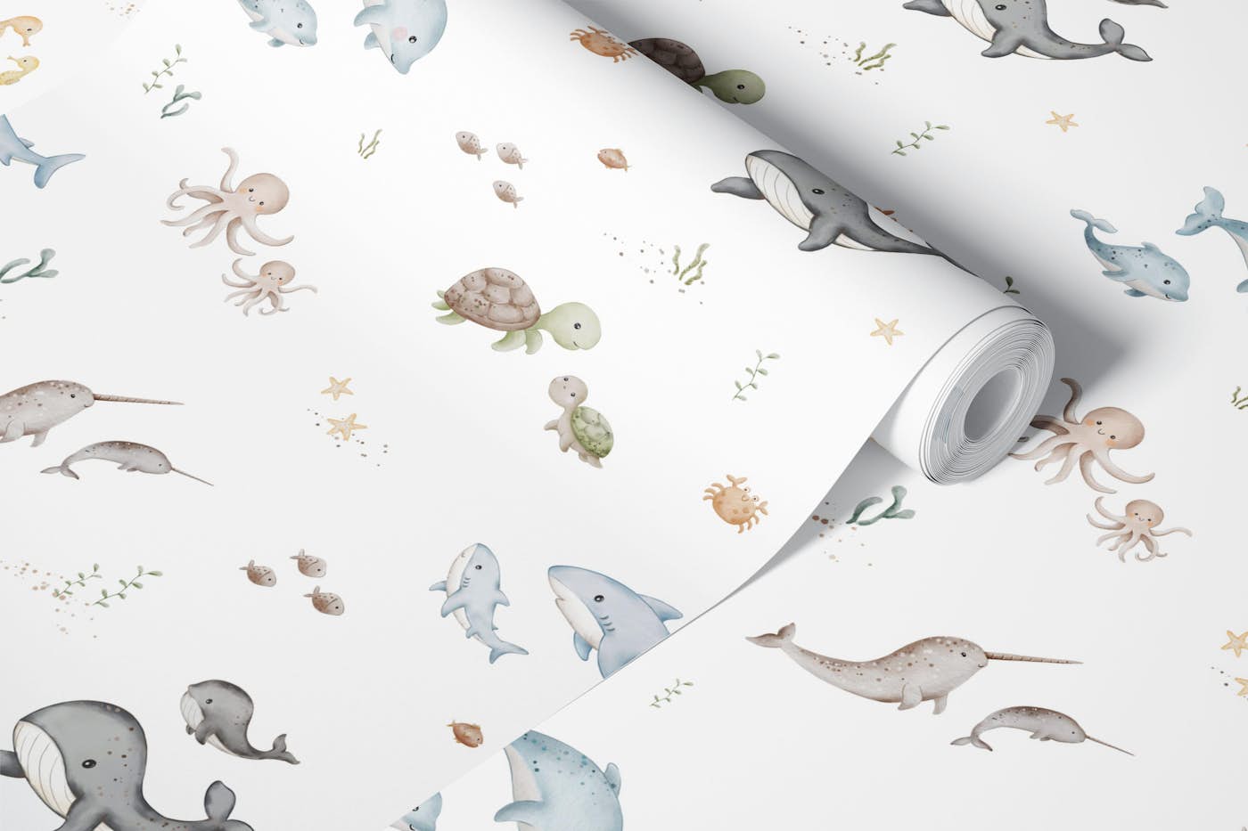 Friendly Sea Animals In White wallpaper roll