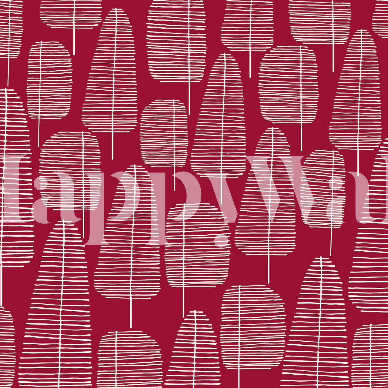 Mid-century trees with abstract lines in red wallpaper