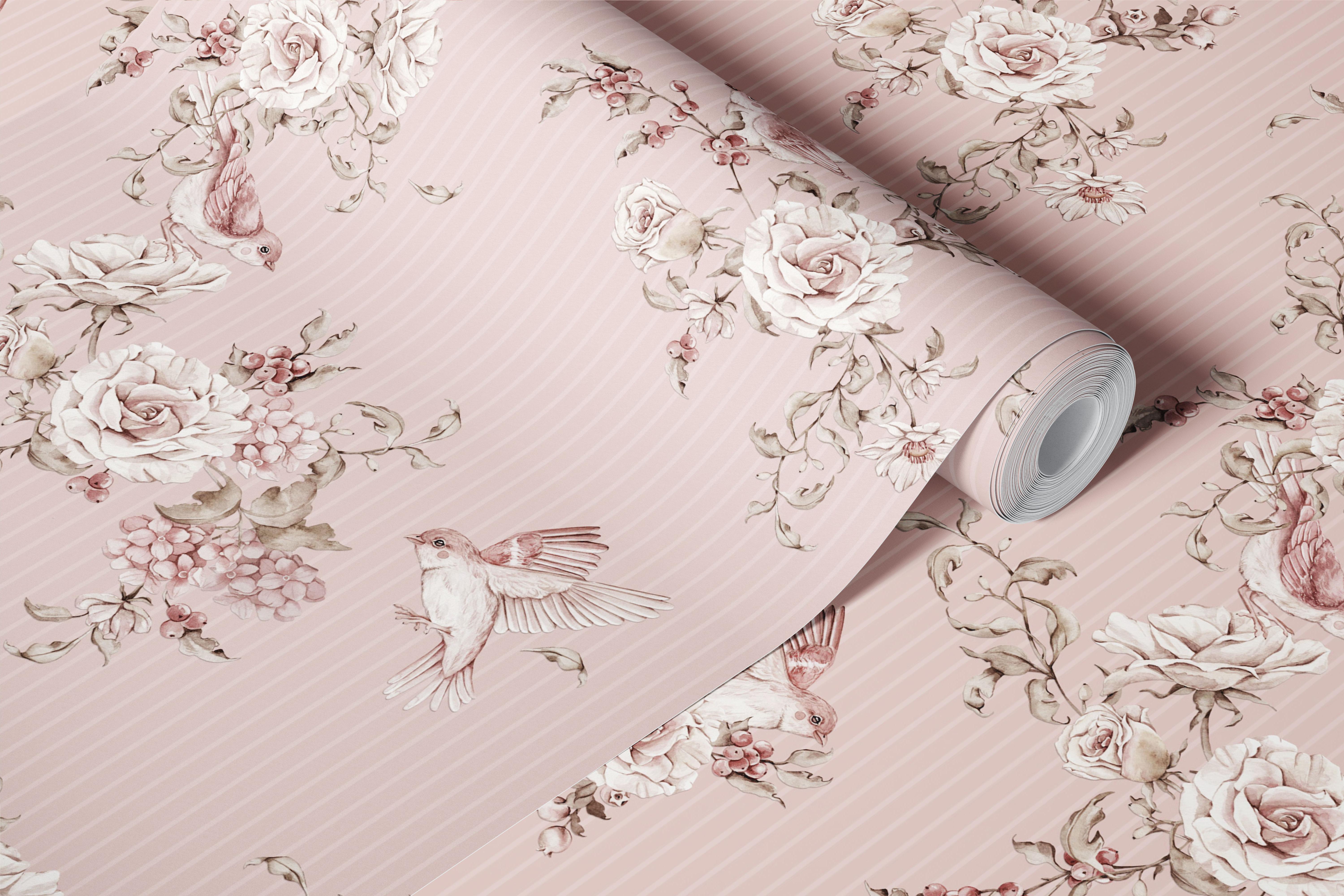 Charming bird and bloom harmony pink wallpaper design
