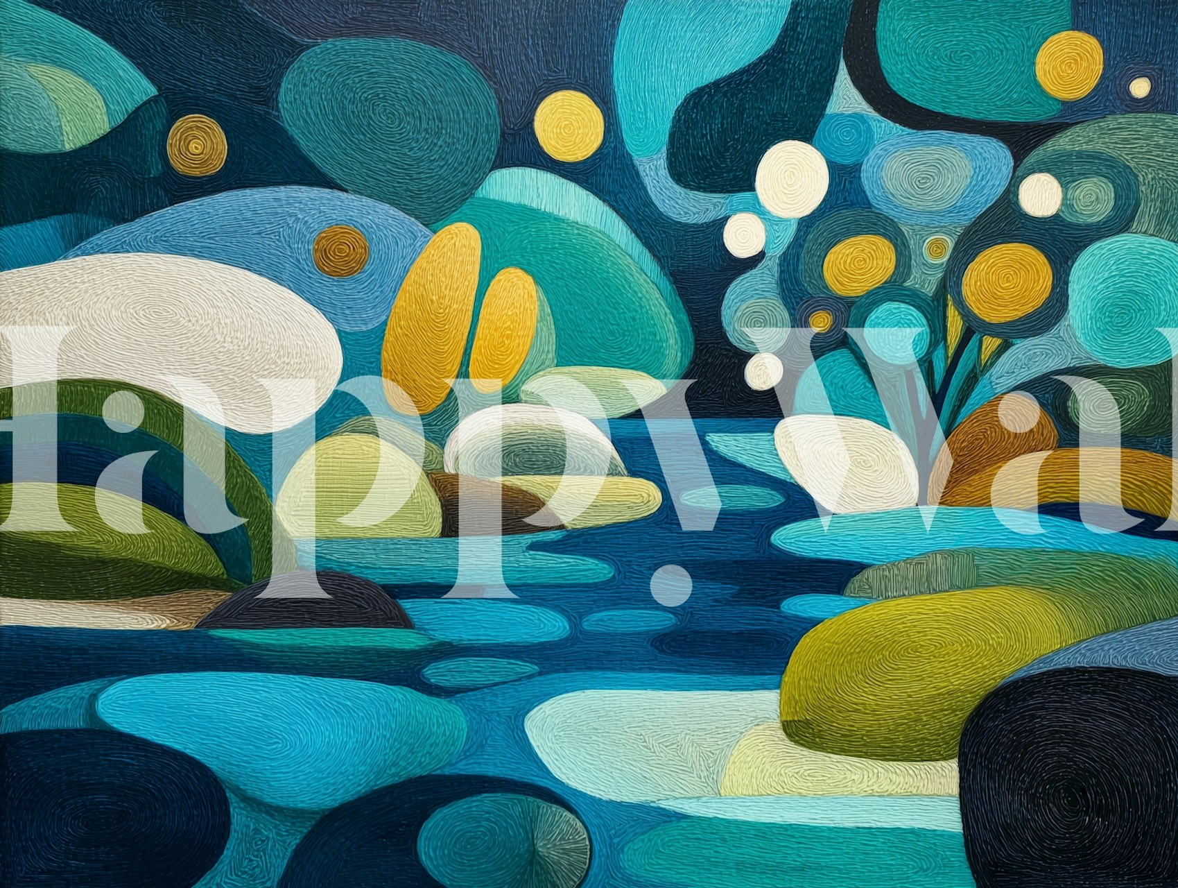 Colorful abstract lake with blue and green shapes wallpaper