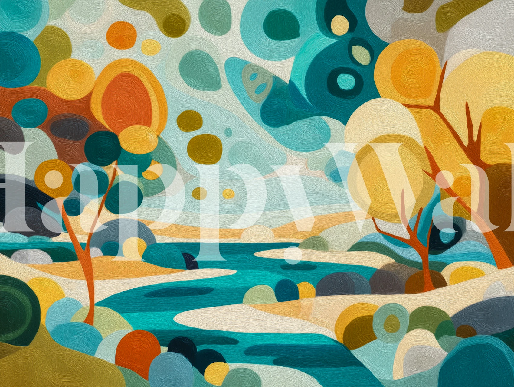 Colorful abstract landscape wallpaper in a room