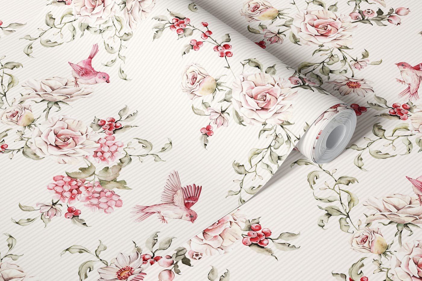 Birds Among Roses Design cream wallpaper roll