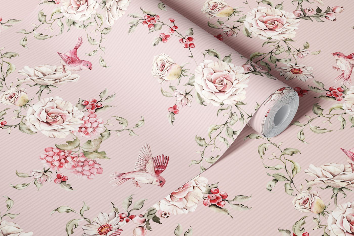 Birds Among Roses Design pink wallpaper roll