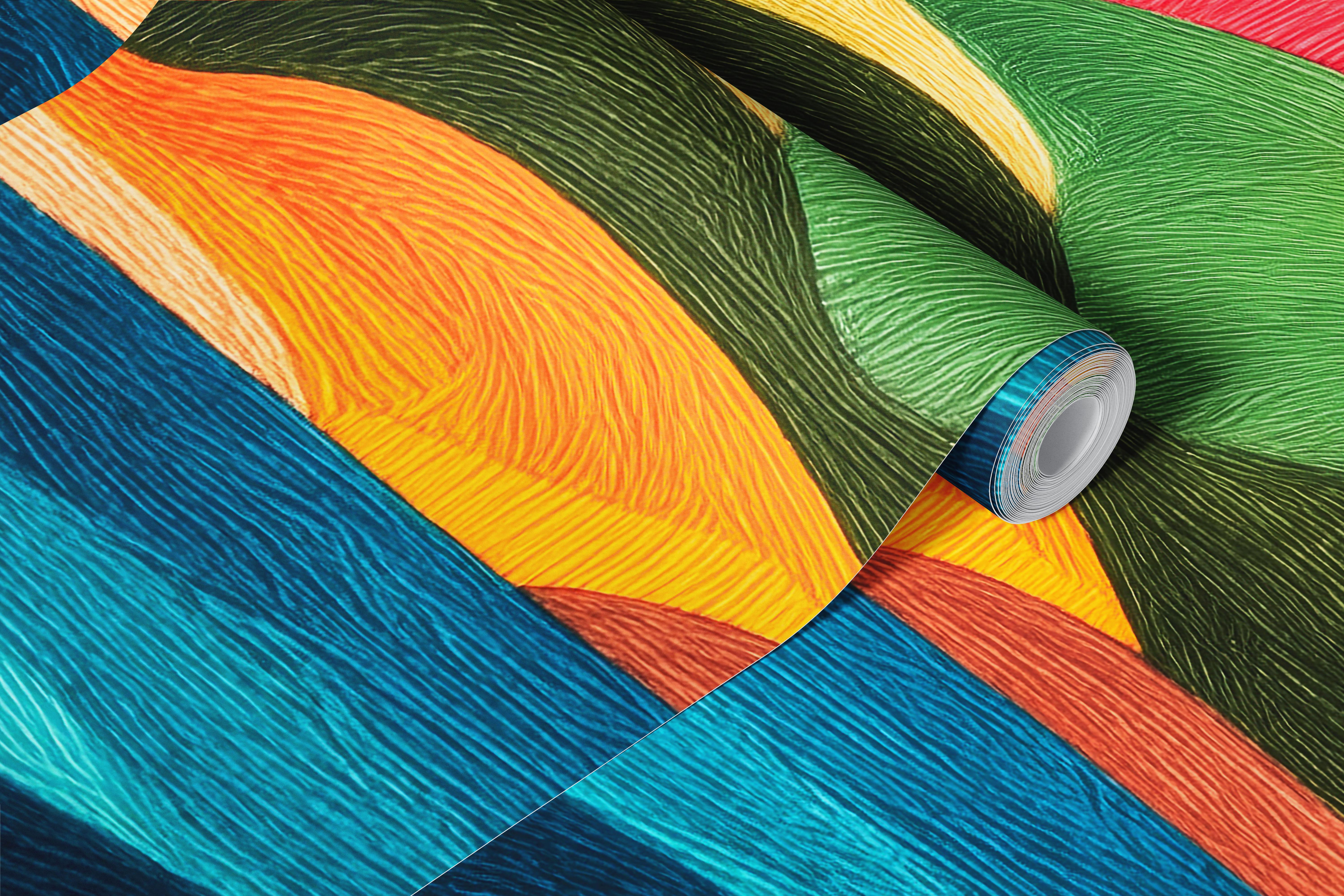 Colorful landscape wallpaper in a room