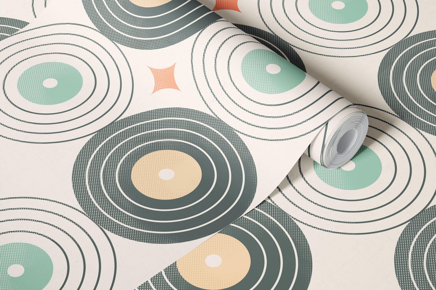 Retro vinyl vibes cream wallpaper roll
