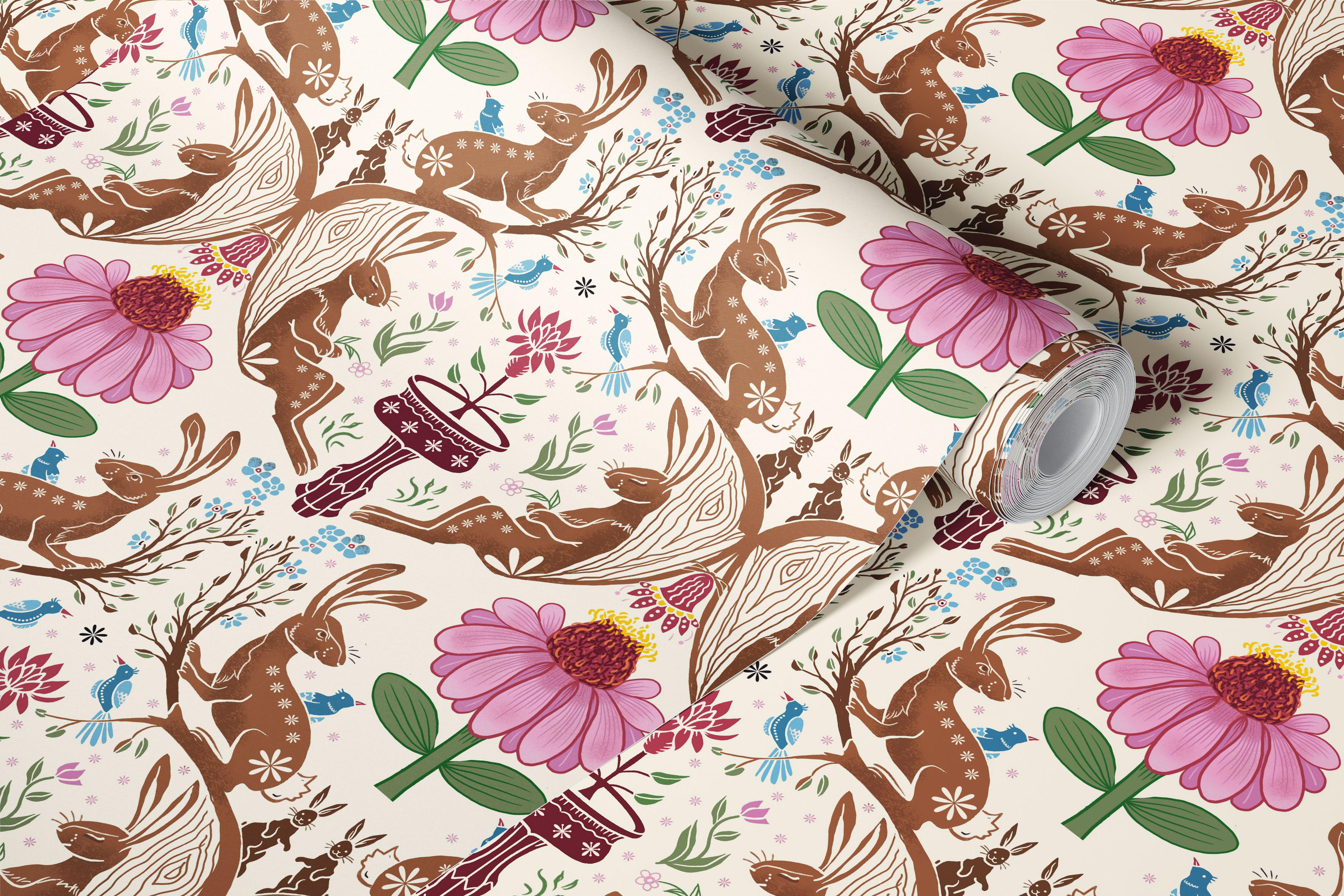 Charming rabbits and pink flower pattern wallpaper