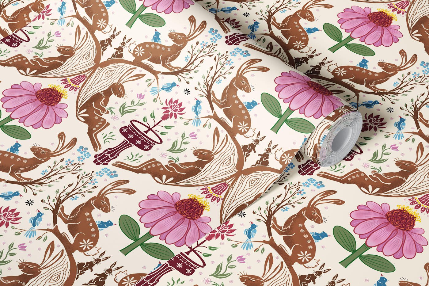 Floral Rabbit Retreat wallpaper roll