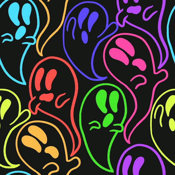 Rainbow neon ghosts on a black background
