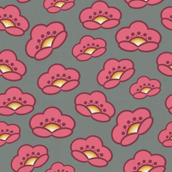 Retro Pink Cherry Blossom on Gray