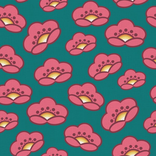 Pink Retro Cherry Blossoms on Green Teal
