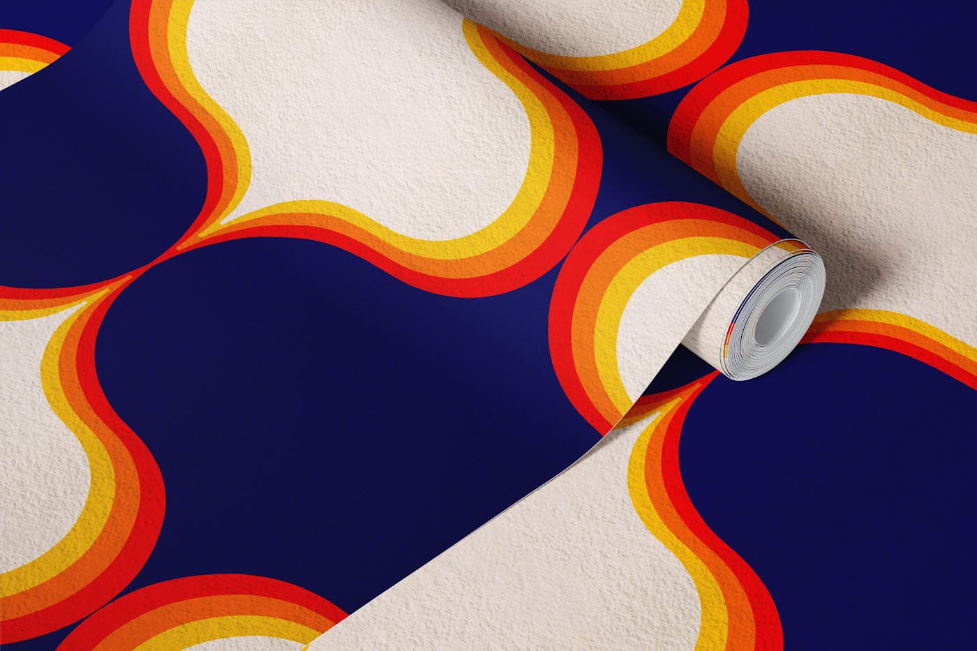 Vibrant Retro Medallion Navy Blue and Sunset wallpaper roll